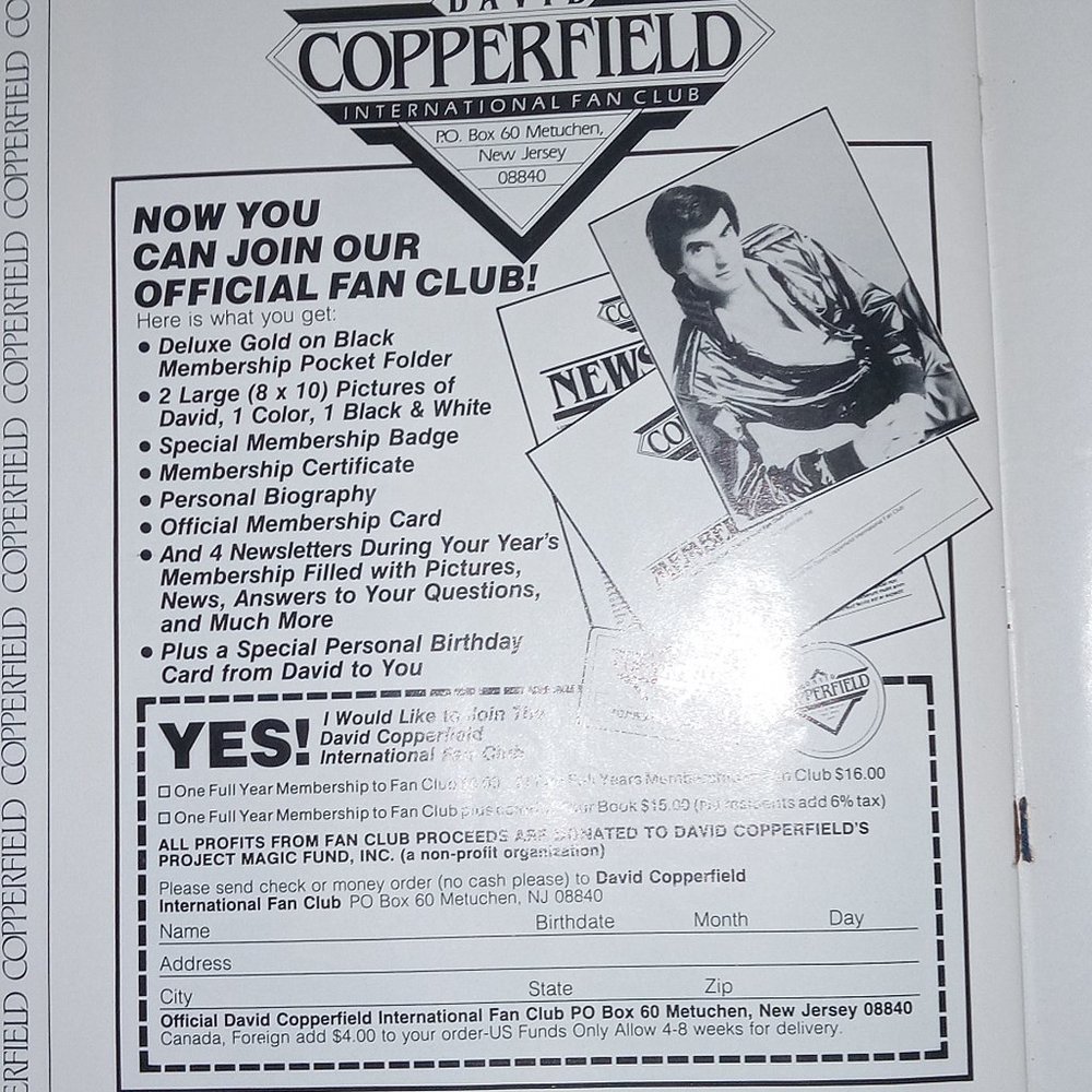 Signed David Copperfield  International Fan Club agenda